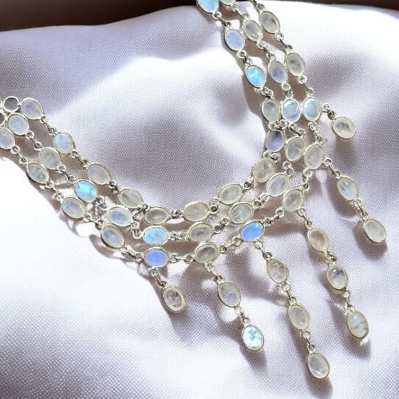 Vintage Sterling Silver Rainbow Moonstone Necklace - Picture 2 of 9